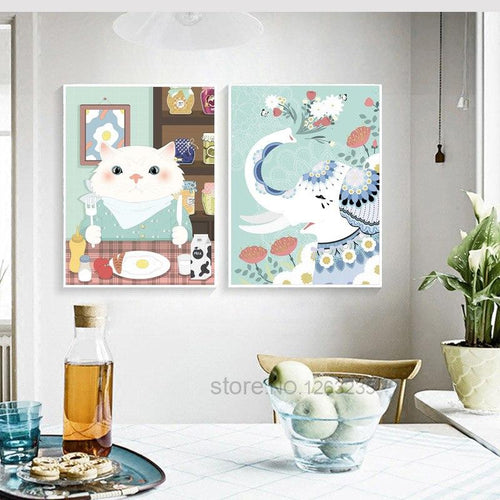 Kitche Cute Elephant Nordic Poster Cuadros Cat